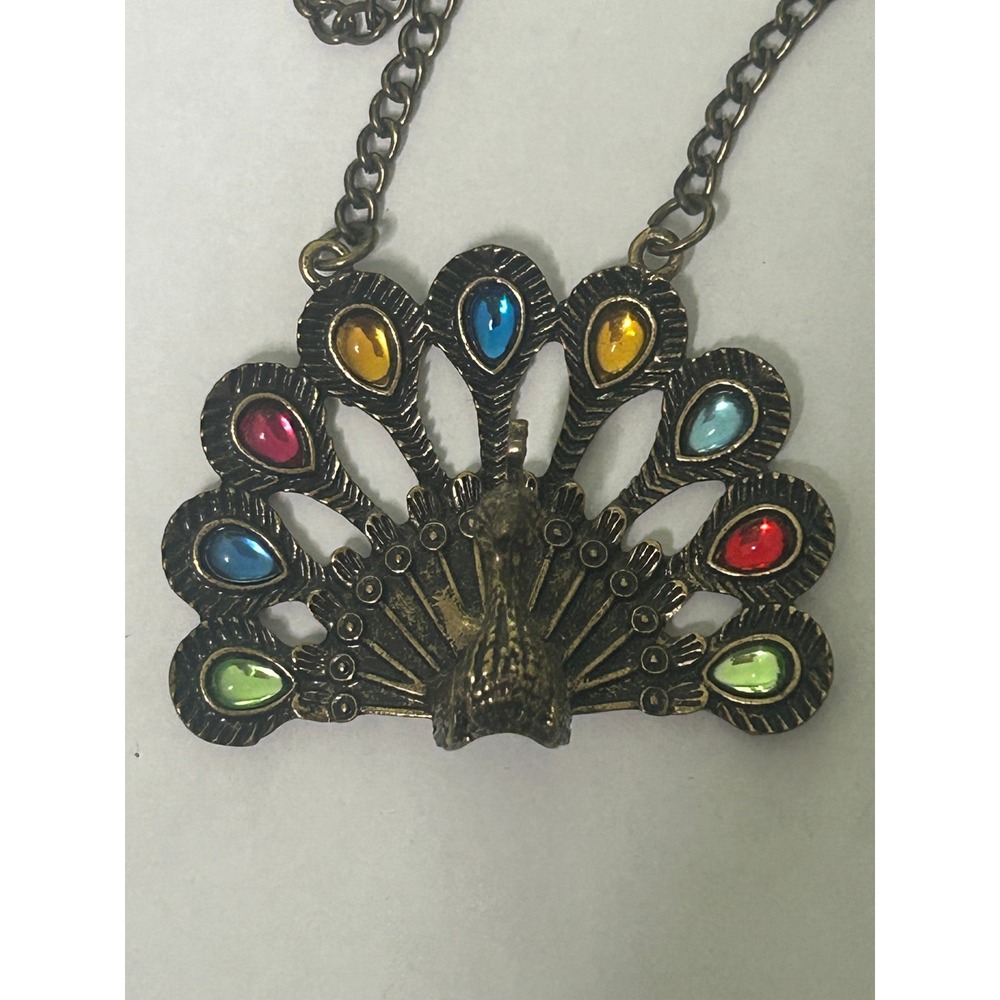 Antique Bronze Peacock Pendant Necklace Multi Color Stones Vtg Style Bird#770